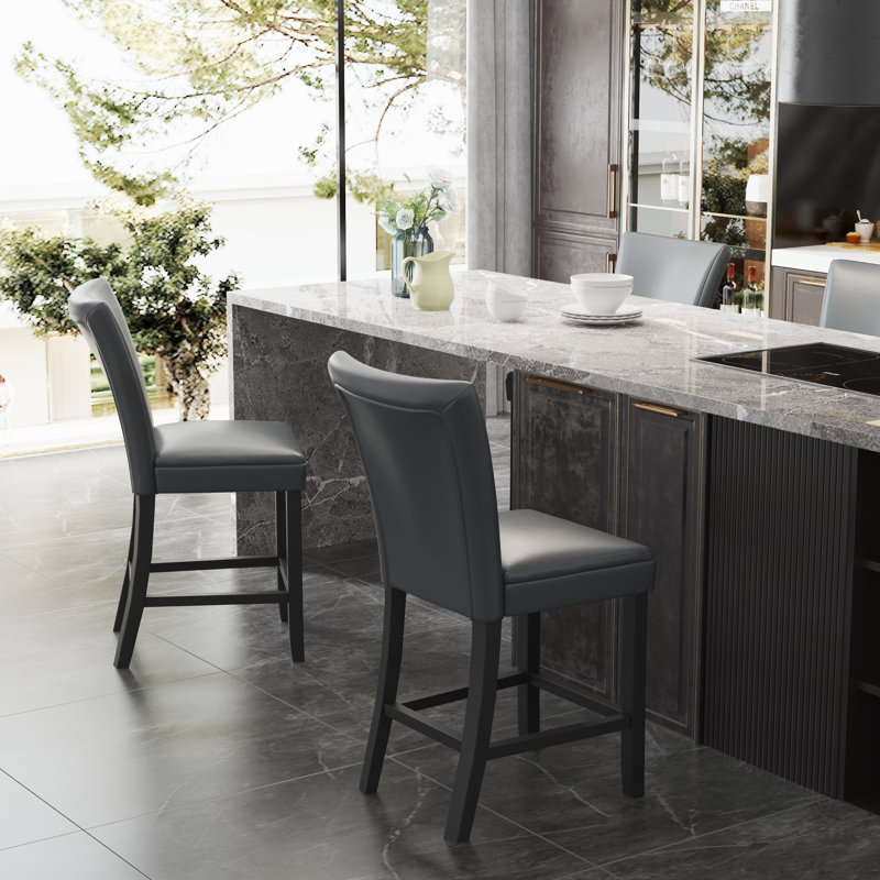 Wexford Collection Set of 2 Upholstered Faux Leather Counter Stools, High Back Wood Bar Stools, Counter Height Dining Chairs for Kitchen Island, Breakfast Bar and Dining Room