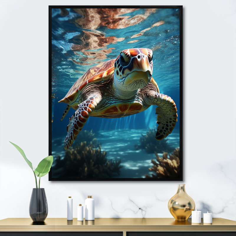 Turtle Aquatic Wandererin Ocean, reproduction d'art sur toile, H 44 po x l 34 po x P 1,5 po, Cadre flottant noir