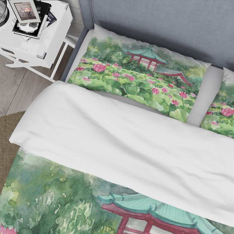 Lotus Lake and Pagoda - Ensemble de housse de couette traditionnel - Microfibre de polyester
