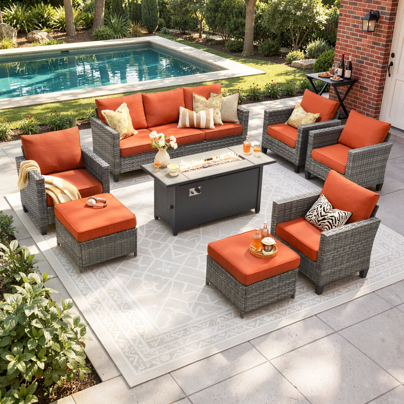 Ensemble de conversation pour 7 personnes avec coussins Allcot, Orange-rouge
