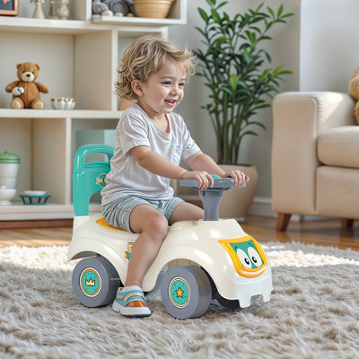 Dolu: Walk & Drive: Sit N 'Ride - Blanc-jaune-vert - Jouet pour véhicule, klaxon, siège de rangement, poignée à pousser, intérieur et extérieur, 12 mois et plus