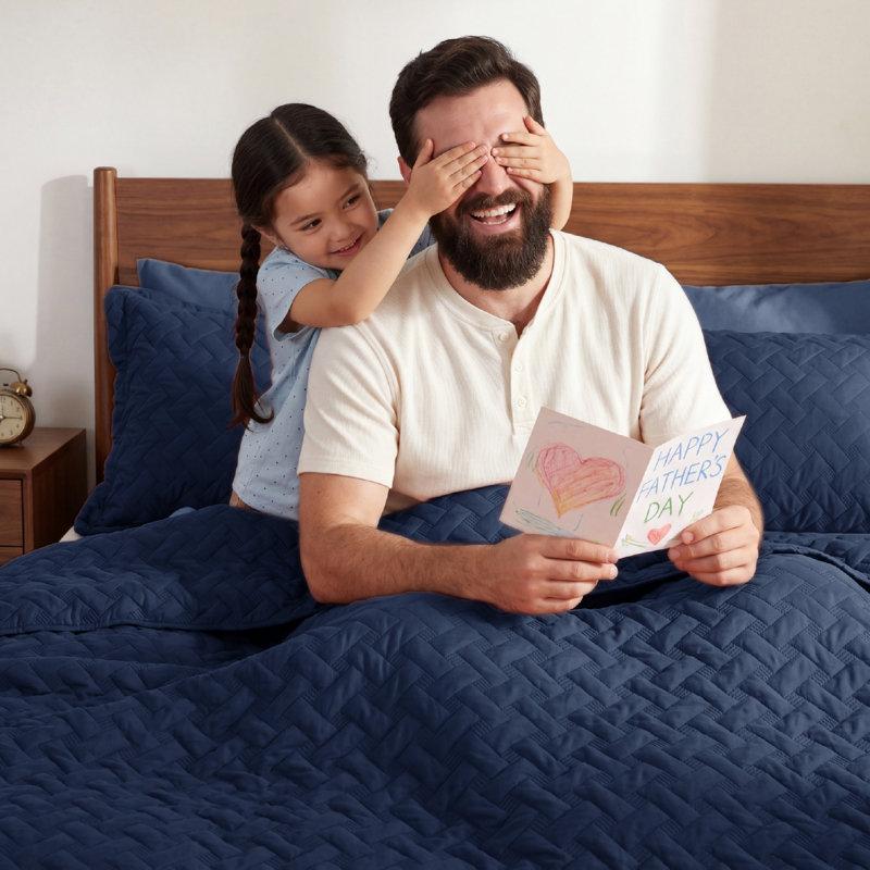 Best Seller Quilted Blanket - Textured Weave Pattern, Airy Lightweight Bed Covering,85gsm, Navy