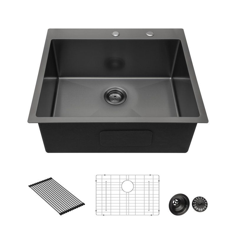 25"L Drop-In Kitchen Sink Single Bowl 16 Gauge Stainless Steel Topmount Laundry Utility Bar Sink, Gunmetal Black
