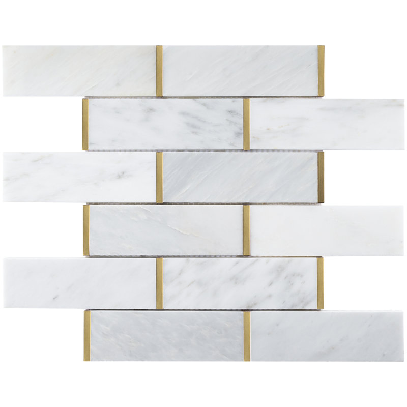 Supreme Tile Natural Bianco 2" x 6" Marble Brick Joint Mosaic Wall Tile, Gold/White