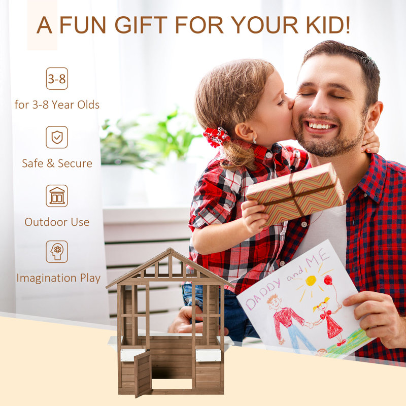 Brown Wooden Outdoor Kids Playhouse with Flowerpot Holders