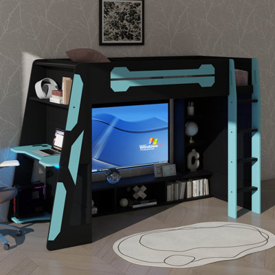 Lit mezzanine pour adolescent et adulte avec lit simple, bureau, tablettes de rangement, échelle, garde-corps et éclairage DEL