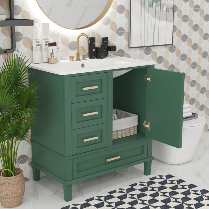 Meuble-lavabo avec rangement, Vert, Doré, 30"