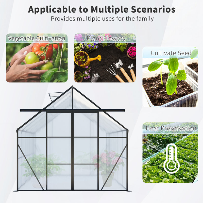 8X6FT-Black Double Door Polycarbonate Greenhouse, Black, 6.2' W x 6.1' D