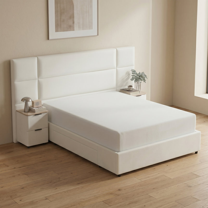 Lit plateforme moderne capitonné avec tête de lit capitonnée, tiroirs de rangement et tables de chevet indépendantes, Queen, velours crème