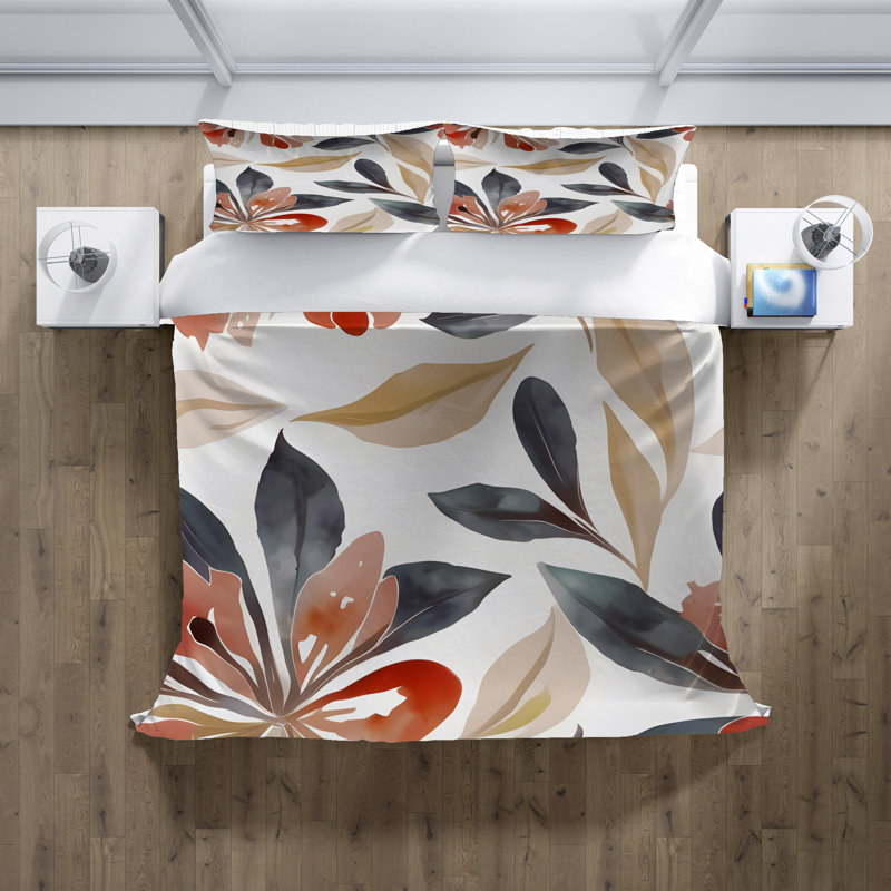 Ensemble de housse de couette, Housse de couette grand + 2 grandes taies décorat, Beige / noir / blanc floral 1