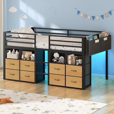 Twin Loft Bed With 8 Storage Drawers And Open Storage Shelves, Low Loft Bed Twin Size With Led Lights,stairs,metal Bed With Safety Guardrail,space Sav