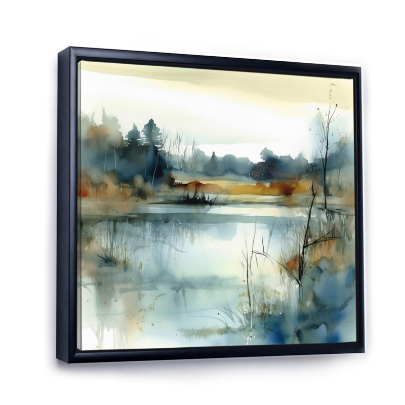 Illustration d'un paysage de lac d'été II, H 36 po x l 36 po, Noir, Reproduction avec cadre flottant