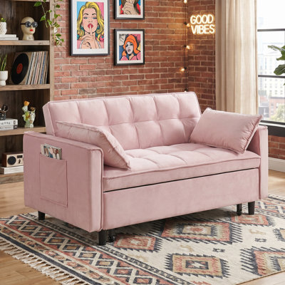 55.1" Loveseat Futon Sofa Couch Pullout Bed, Small Love Seat Lounge Sofa with Reclining Backrest, Toss Pillows, Pockets, Furniture for Living Room,3 in 1 Convertible Sleeper Sofa Bed