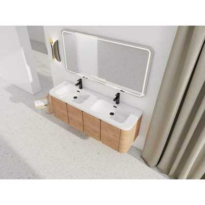 Meuble-lavabo mural 60 po avec lavabo en résine blanche et 4 portes à fermeture en douceur, emballage KD, contreplaqué, chêne imitation