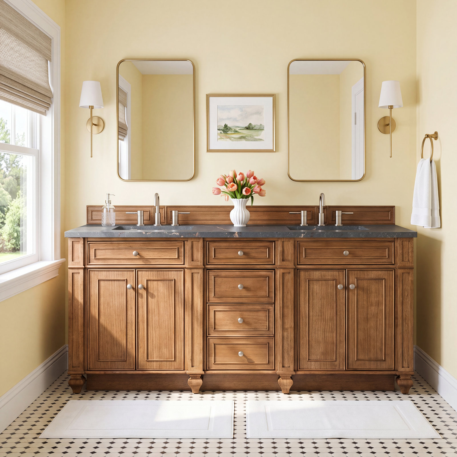 Calisto 72" Double Bathroom Vanity, Saddle Brown, Parisien Bleu, 8" Widespread
