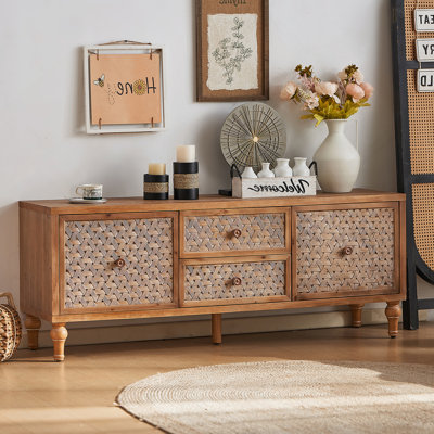 Rattan TV Stand For Tvs, Wood TV Stand Mid Century Distressed TV Stand TV Media Console With Drawer And Door, Boho Entertainment Center For Living Room