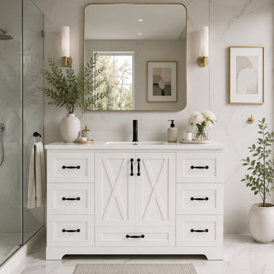 Meuble-lavabo autoportant de style campagne avec lavabo en céramique, 7 tiroirs, portes à panneaux en X et barre à serviettes latérale