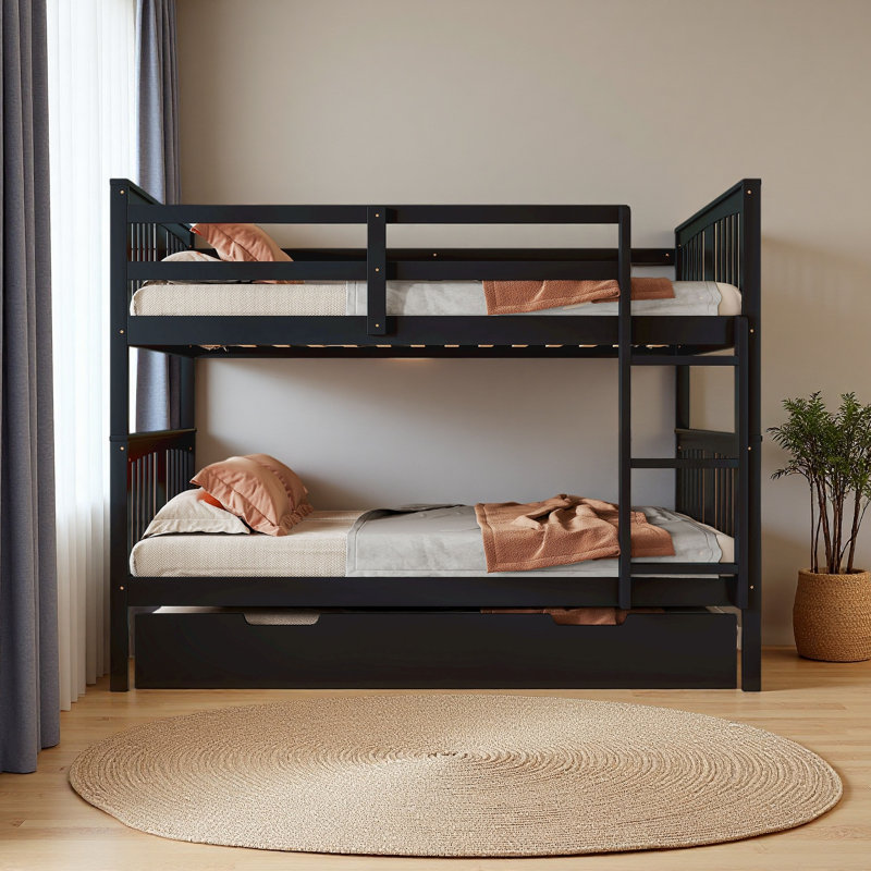 Lit superposé double au-dessus de double avec lit gigogne simple et échelle