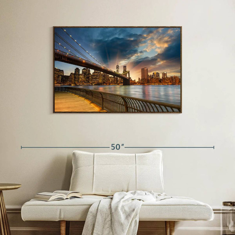 Soleil de Brooklyn Bridge, Cadre flottant noyer, 40 po x 27 po