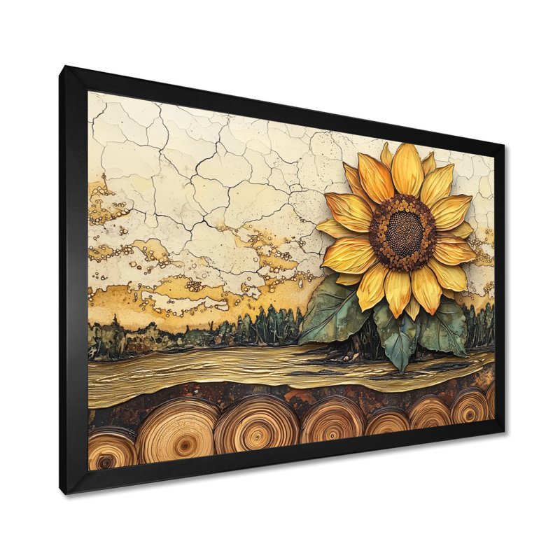Draden tournesols paysage sur un sommet de rivière en bois IV - tournesols, art mural, H 30 po x l 40 po