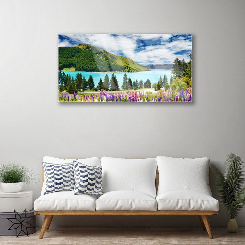 Landscape Mountain Forest Lake Meadow - No Frame Print on Glass