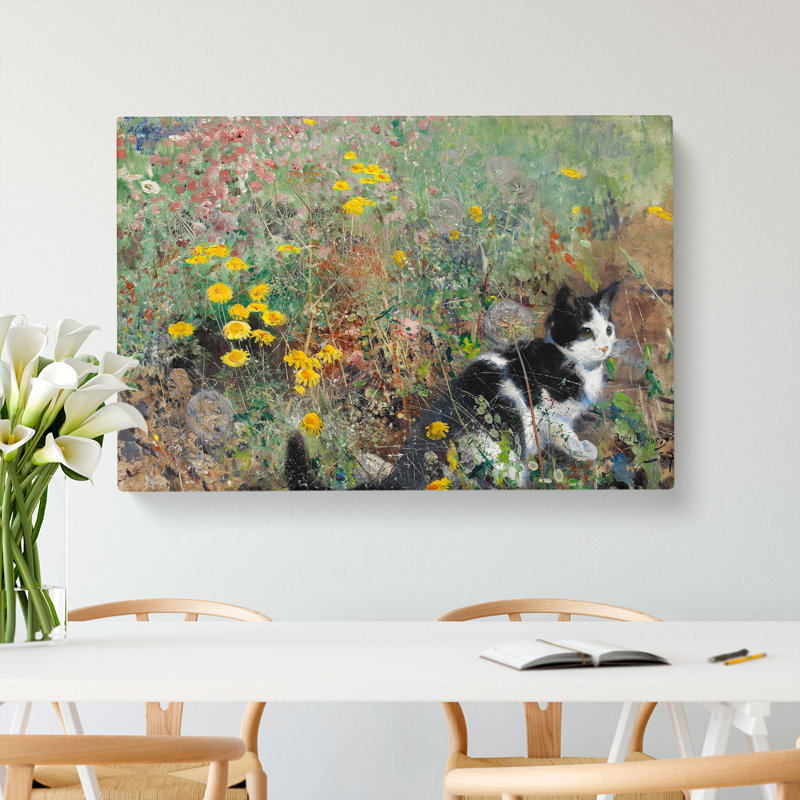 Cat On A Flowerbed by Bruno Liljefors - Wrapped Canvas Painting, 40cm H x 60cm W x 3cm D