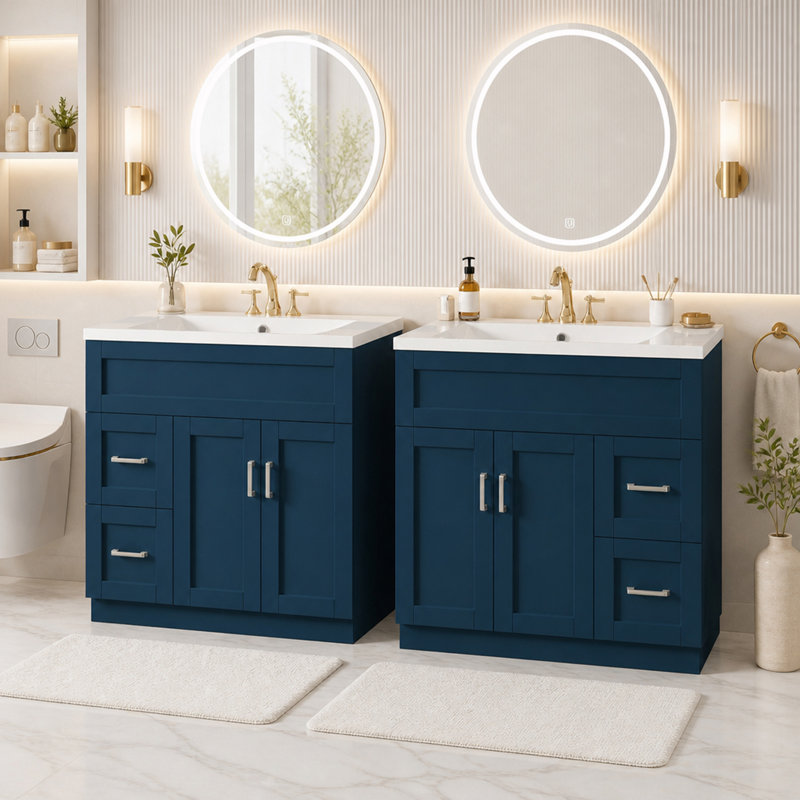 Ensemble de meuble-lavabo avec tiroirs et tablettes réglables et lavabos (comprend 2 meubles-lavabos), Bleu et argent
