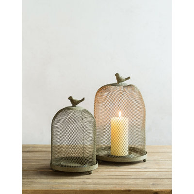 Set Of 2 Ophira Sparrow Antique Gray Mesh Candle Holders, L: D8.5X13"  S: D7x10"
