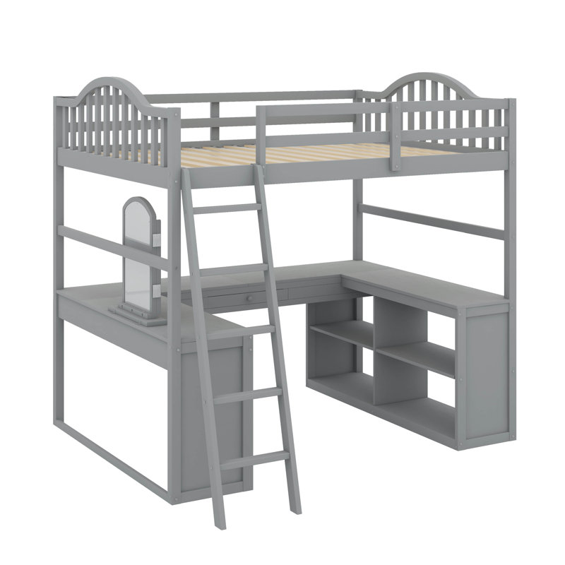 Lit mezzanine double en bois avec bureau, Gris