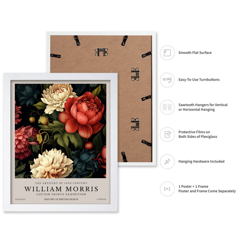 William Morris - Pivoines n ° 1, Poster, 12"H x 16"W, White Framed