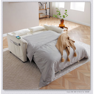 Versatile Pull Out Sofa Bed with Adjustable Backrest, USB Ports, Side Pockets, and Waist Pillows, Ideal for Hosting Guests and Small Living Spaces