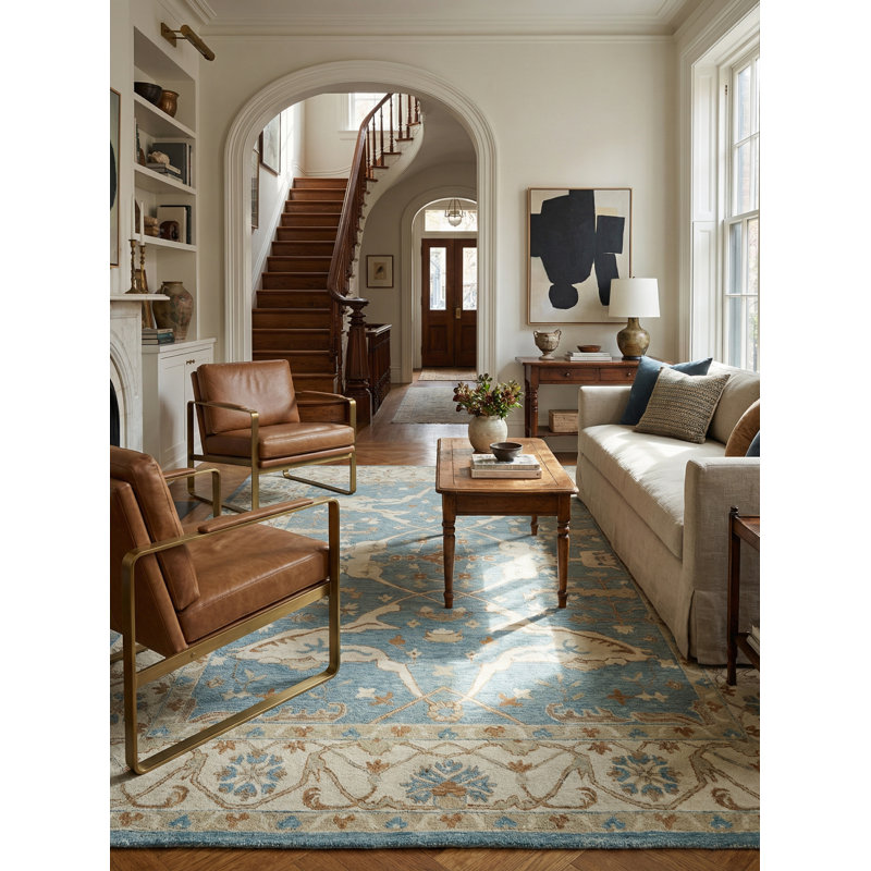 Exquisite Rugs Claremont Oushak Handmade Hand-Tufted New Zealand Wool On Canvas Ivory/Light Blue Area Rug, Rectangle 9' x 12'