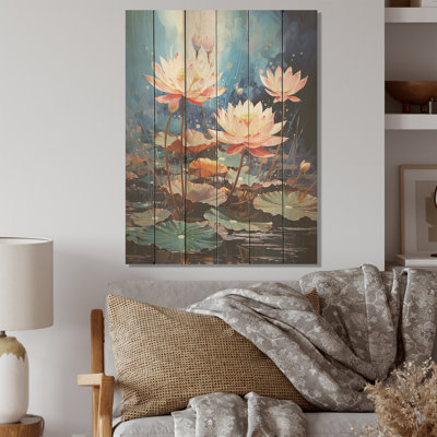 Harmonie de fleurs de lotus étang - bois de lotus, art mural sur bois de pin naturel