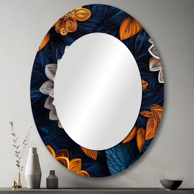 White Blue Floral Botanical Whirlwind III - White Oval Wall Mirror Decor, 43" x 33"