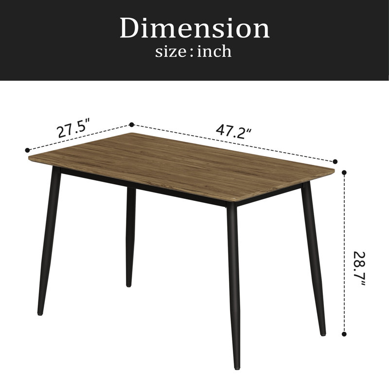Table de salle à manger moderne minimaliste en grain de bois, table de salle à manger élégante, table de salle à manger de cuisine, robuste et durable, facile à assembler, pieds en métal noir, convient à 4 à 6 personnes, convient à la maison