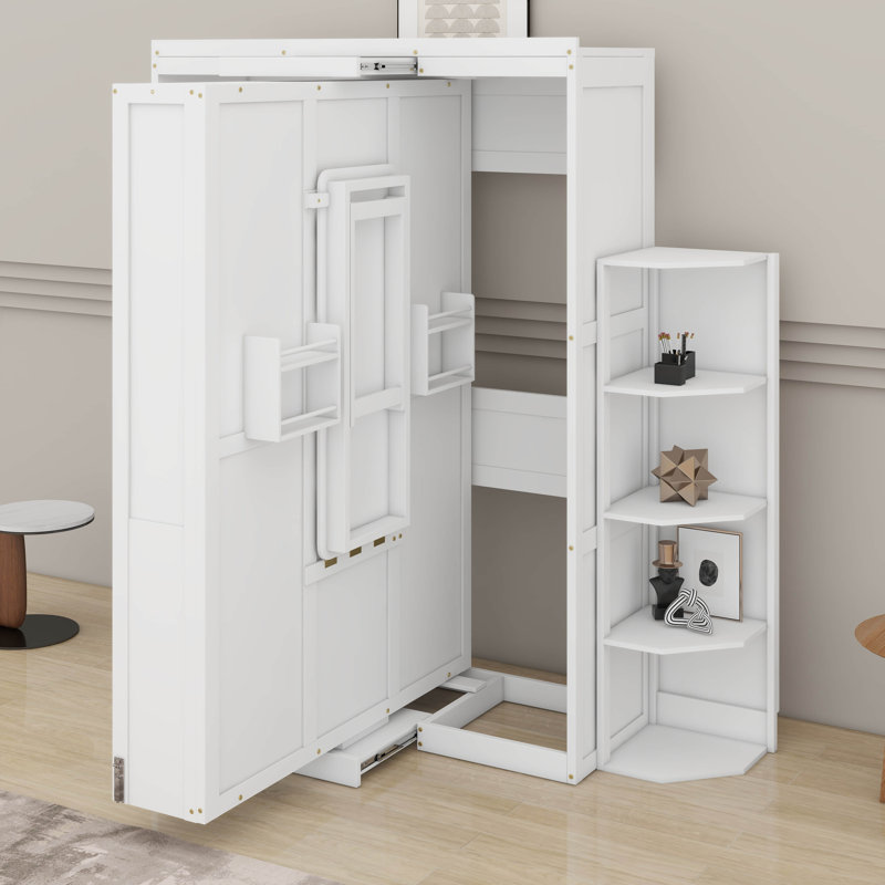 Lit escamotable rotatif avec bureau et deux tablettes latérales à 3 niveaux, lit mural vertical en bois avec bureau convertible, supports de rangement supplémentaires