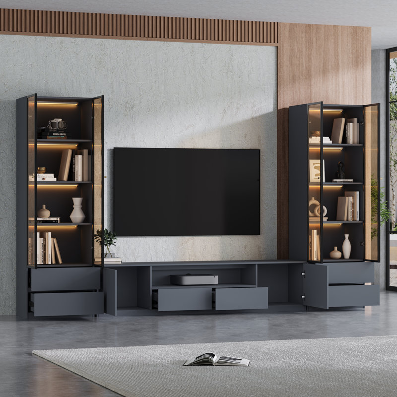 Ensemble de 3 meubles télé modernes de 126 pouces (320 cm) pour téléviseurs jusqu'à 75 pouces (190 cm), meuble télé en bois avec rangement, console télé grise et deux étagères en verre à 4 niveaux pour la maison