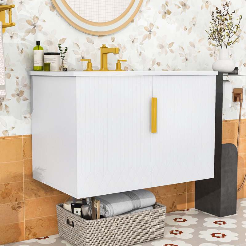 Modern Wall-Mounted Bathroom Vanity with Adjustable Storage & Sink, White/White