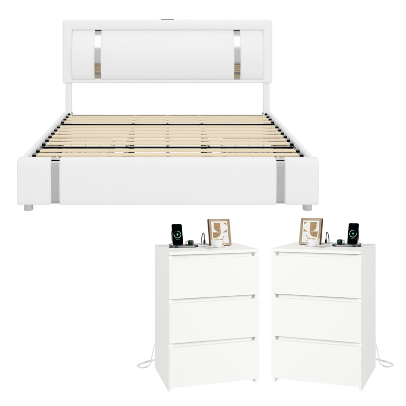 Ensemble de chambre à coucher 3 pièces avec rangement et port de charge Landenn, Très grand, Blanc