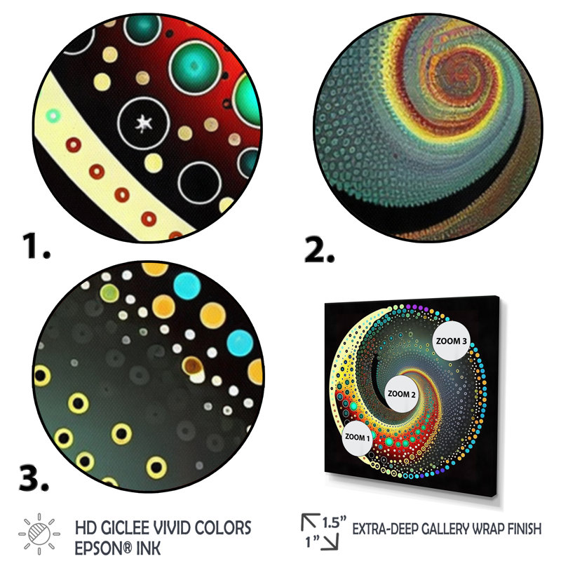 «Iridiscdent Pointillism Spiral Retro Rainbow I», reproduction sur toile, Cadre naturel flottant