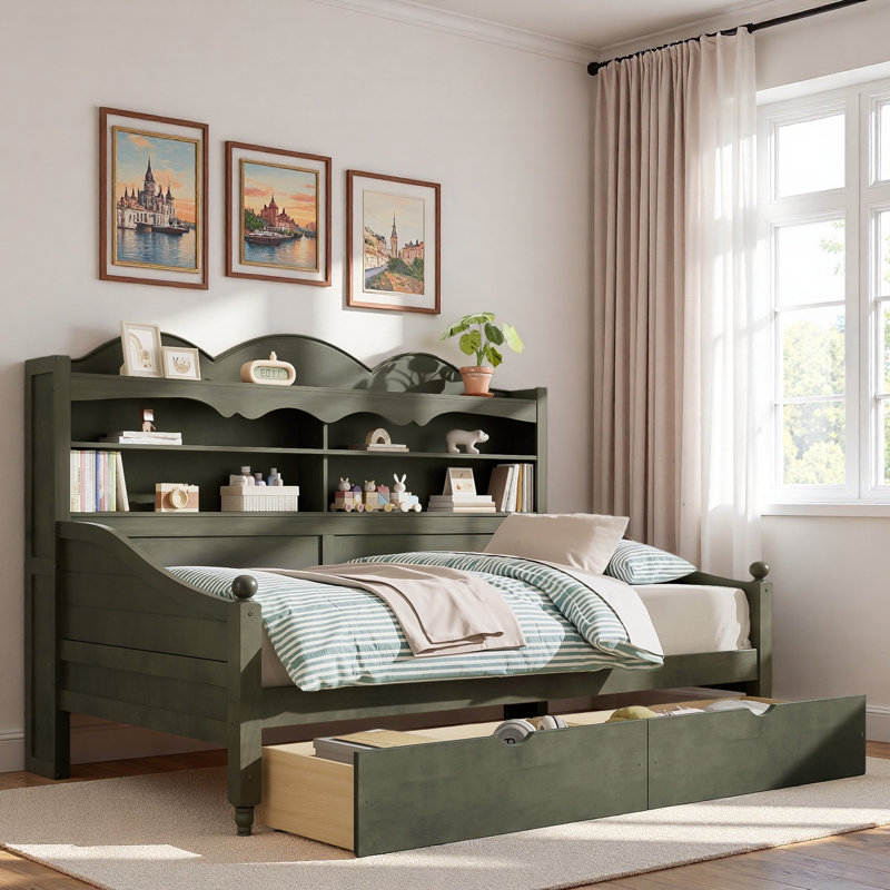 Wooden Daybed With 2 Storage Drawers And Storage Headboard Shelving, Antique Gray