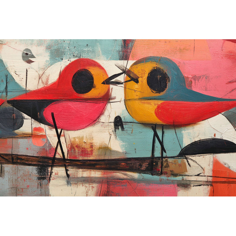 Oiseaux rouges et jaunes fantaisistes sur une branche