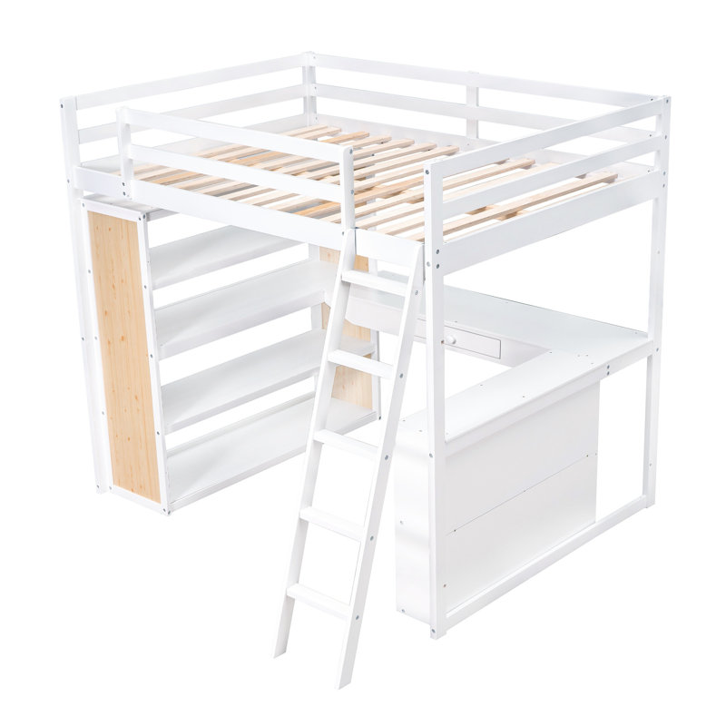 Lit mezzanine avec bureau en L et bibliothèque de rangement, Simple, Blanc