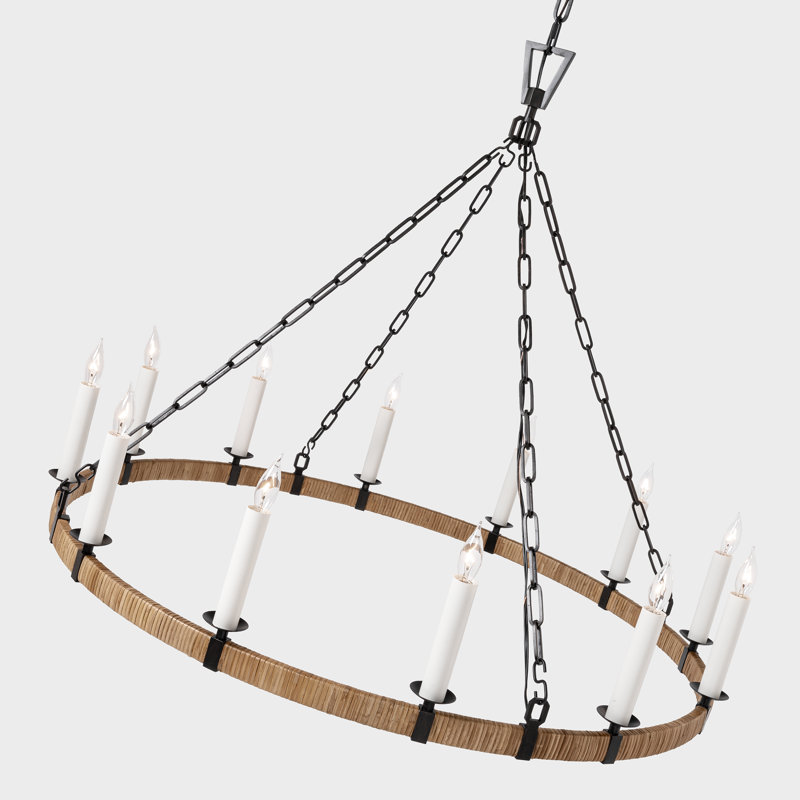 Darlana 12 - Light Wagon Wheel Chandelier, Polished Nickel/Natural Rattan, 32" H x 40" W x 38.75" D