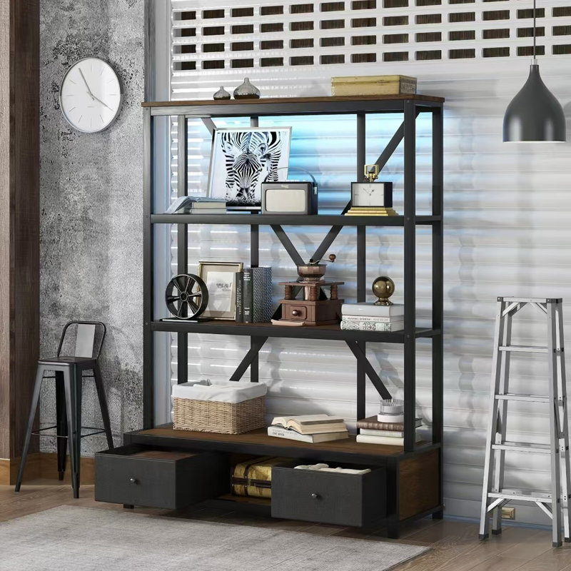 3-Shelf Metal Bookcase With Drawers For Home Office, Open Bookcase, Vintage Industrial Style Bookcase With LED, Vintage