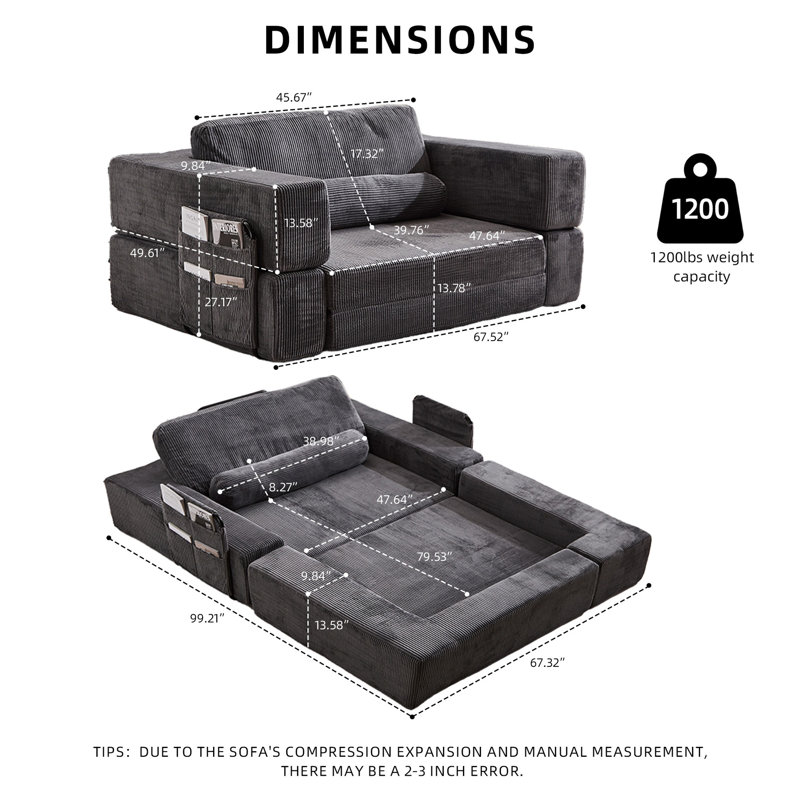 Canapé-lit pliable modulaire PlayCouch pour salon et chambre à coucher à extension instantanée, confortable et créatif avec un siège latéral, gris foncé.