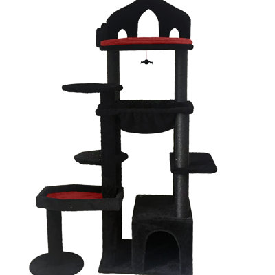 Cat Tree Featuring A Platform, Comfortable Upholstered Bed, And Multiple Scratching Zones Black Red With Removable Cushion, Areas, Easy Assembly