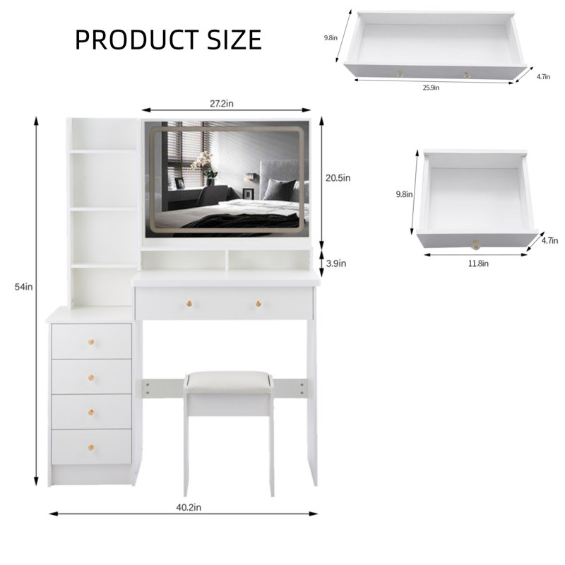 Grande commode de 41 po avec miroir tactile surdimensionné à gauche 41 po, Blanc