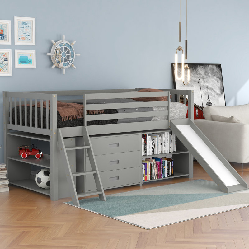 Lit simple mezzanine bas avec bibliothèques attachées et tiroirs séparés à 3 niveaux, échelle convertible et glissoire (gris)