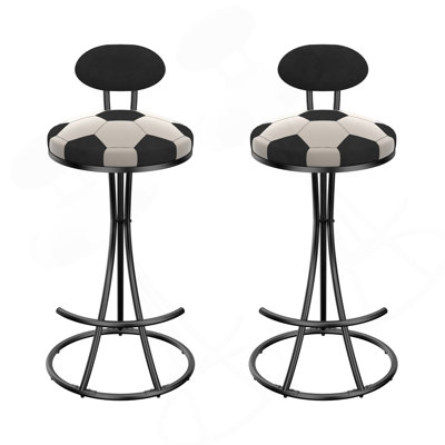 Ensemble de 2 tabourets de bar rembourrés en forme de S, tabouret de bar rond en velours à imprimé football pour cuisine et salon (structure noire et dossier noir)